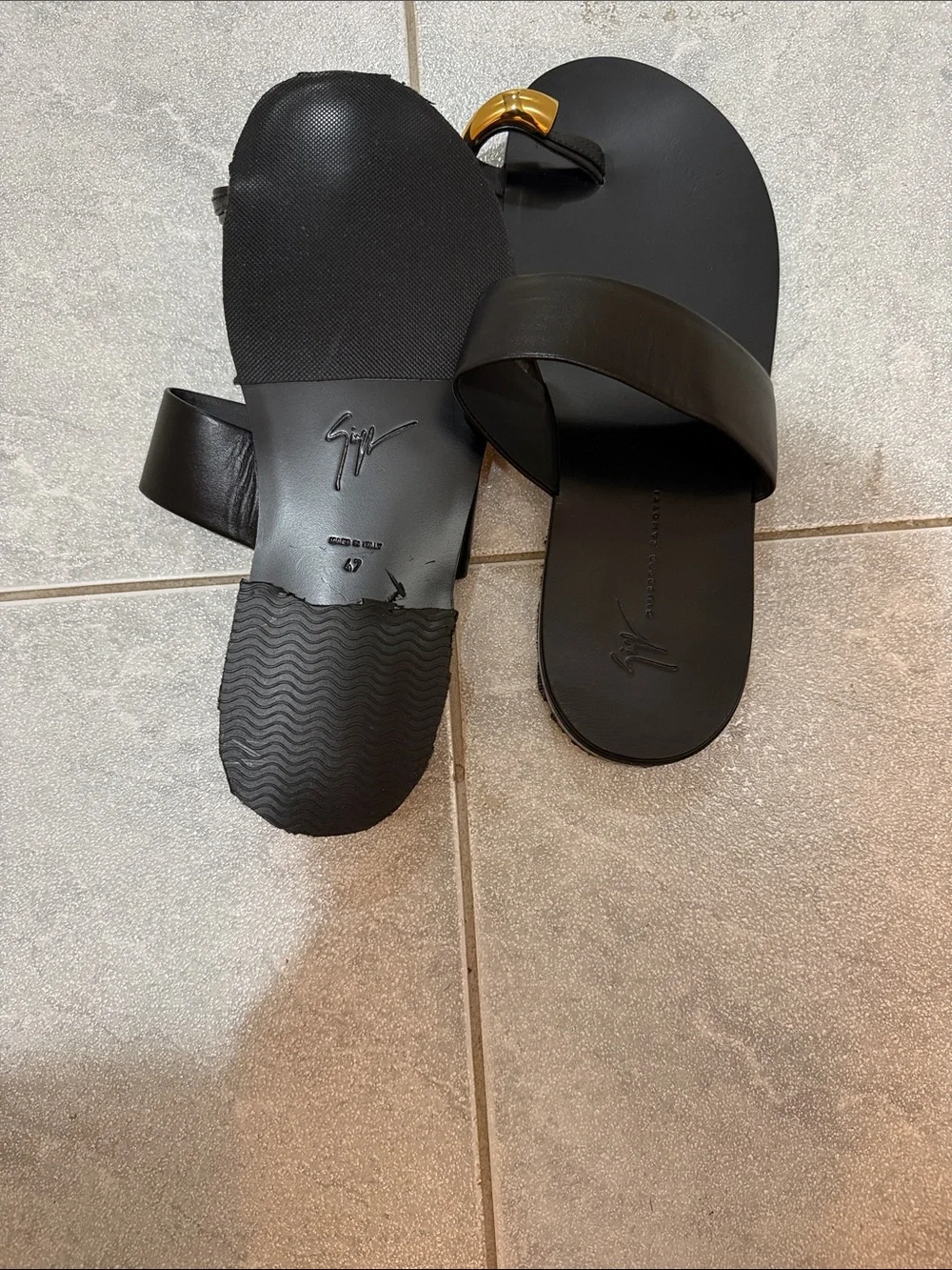 Men's Black Leather Slide Sandals with Gold Accent